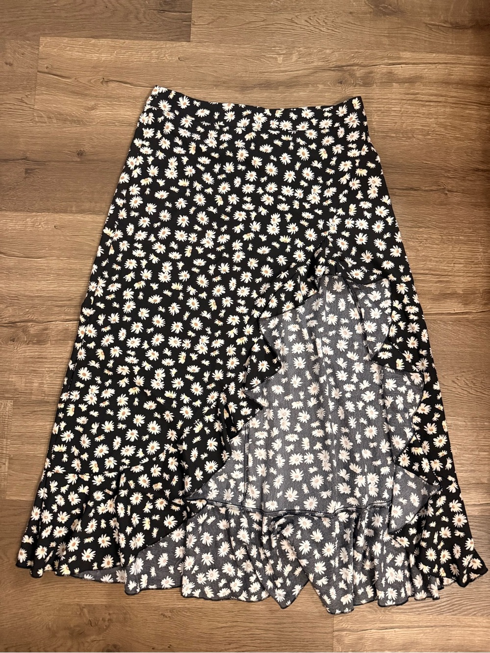 Black Daisy Floral Ruffle High Low Midi Skirt